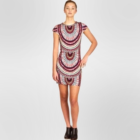 Mara Hoffman Cap Sleeve Mini Dress Jersey El Mundo Multicolor Tribal Print Small - Picture 1 of 12